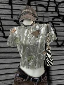 Attitoon Camiseta de cuello redondo de manga corta con ajuste ceñido, estampado de camuflaje con hojas en estilo vintage, para mujer, estilo callejero de verano