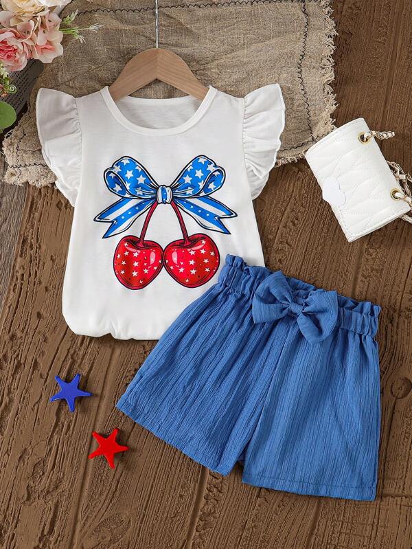 2 件套女孩情人节夏季服装，圆领短袖印花 T 恤和休闲直腰短裤，时尚舒适的日常穿着