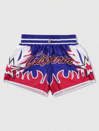 Street Life Men's Street American Style Star & Flame English Print Fighting Boxer Shorts, Summer