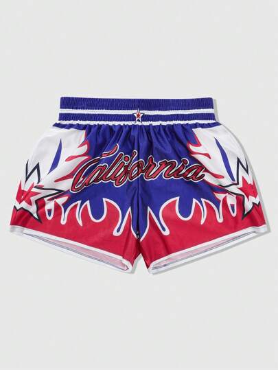 Street Life Pantalones cortos de boxeo de verano para hombre con estampado en inglés de estrella y llama, estilo callejero estadounidense