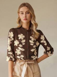 SHEIN Clasi Camicia elegante da donna con maniche a lanterna e stampa floreale, adatta per l'estate - Multicolore - Visualizzare 3