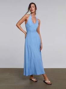 Athîral Vestido largo con escote halter sin espalda de unicolor elegante para mujer