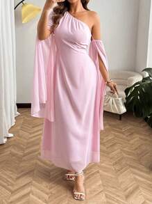 Flirla Đầm Chiffon tay dài xẻ một bên vai cỡ lớn cho nữ, váy dạ hội - Màu Hồng baby - Xem 1