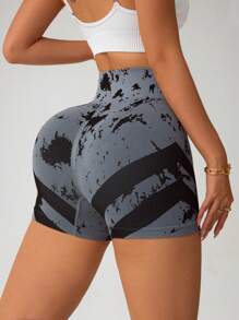 SHEIN Sport Studio Women's Silky Seamless Quick-Drying Mini Sports Shorts: Breathable Fabric With A Stylish Tie-Dye Print For Enhanced Workout Comfort