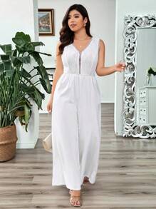 Calvaya Plus Size Women V-Neck Sleeveless Lace Patchwork Elegant Office Jumpsuit