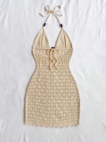 Soleia Sexy Spaghetti Strap V-Neck Hollow Out Wooden Bead Embellished Bodycon Dress, Vacation Spaghetti Strap Tied Back Ombre Knit Dress For Holiday, Date,Afternoon Tea, Music Festival, Boho