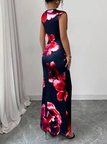 Elenzga Đầm in hoa đơn giản thanh lịch không tay cổ tròn dành cho nữ, thích hợp cho kỳ nghỉ - Đỏ - Xem 3