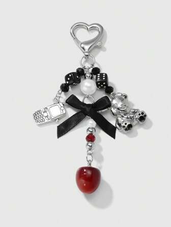 Kawaii 1pc Y2K Stylish Gothic Metal Chain & Faux Pearl Bow Decor Mini Phone Charm Keychain With Butterfly, Cherry, Teddy Bear Resin Pendant, Fashionable & Delicate Accessories For Women, Suitable For Daily Wear And Holiday Gifts