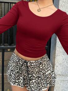 SHEIN EZwear 女士休闲简约高领盖袖勃艮第修身长袖 T 恤，适合春夏季 - 紅木色 - 查看 5