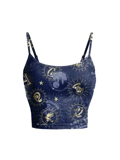 HARRY POTTER X SHEIN Women All Over Print Slim Fit Cami Top, Summer Suitable For Going Out