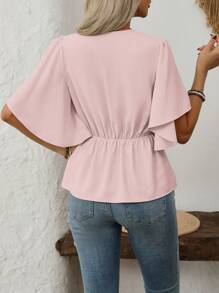 SHEIN Clasi Women's Elegant V-Neck Button Decor Trumpet Sleeve A-Line Blouse, Commuter & Casual Wear For Spring/Summer - Pink - View 2