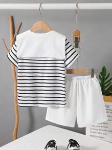 SHEIN 2 Pieces Set Young Boys Casual Sports College Artistic Style Retro Black And White Striped Round Neck T-Shirt And White Shorts Suit With Shawl Decoration Suitable For Young Boy Clothing Young Boy Clothes Back To School Boy Suit Suitable For Birthday Parties, Evening Parties, Performances, Weddings, Baptisms, Opening Ceremonies, Daily Suitable For School Suitable For Travel Suitable For Vacation Suitable For Spring And Summer - Black and White - View 6