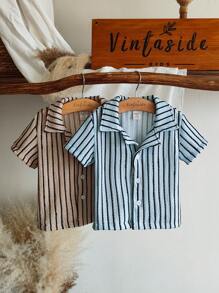 SHEIN Vintaside Kids Baby Boy Striped Lapel Neck Short Sleeve Single-Breasted Casual Shirt, Suitable For Daily Wear And School