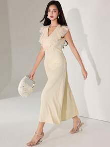 Heiryn Women's Elegant Beige Woven Fabric Long Dress With Ruffled V-Neck And Sleeveless Design - Beige - View 4