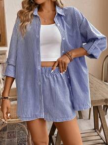 SHEIN Frenchy 女士条纹卷袖衬衫和短裤休闲两件套 - 藍色 - 查看 6