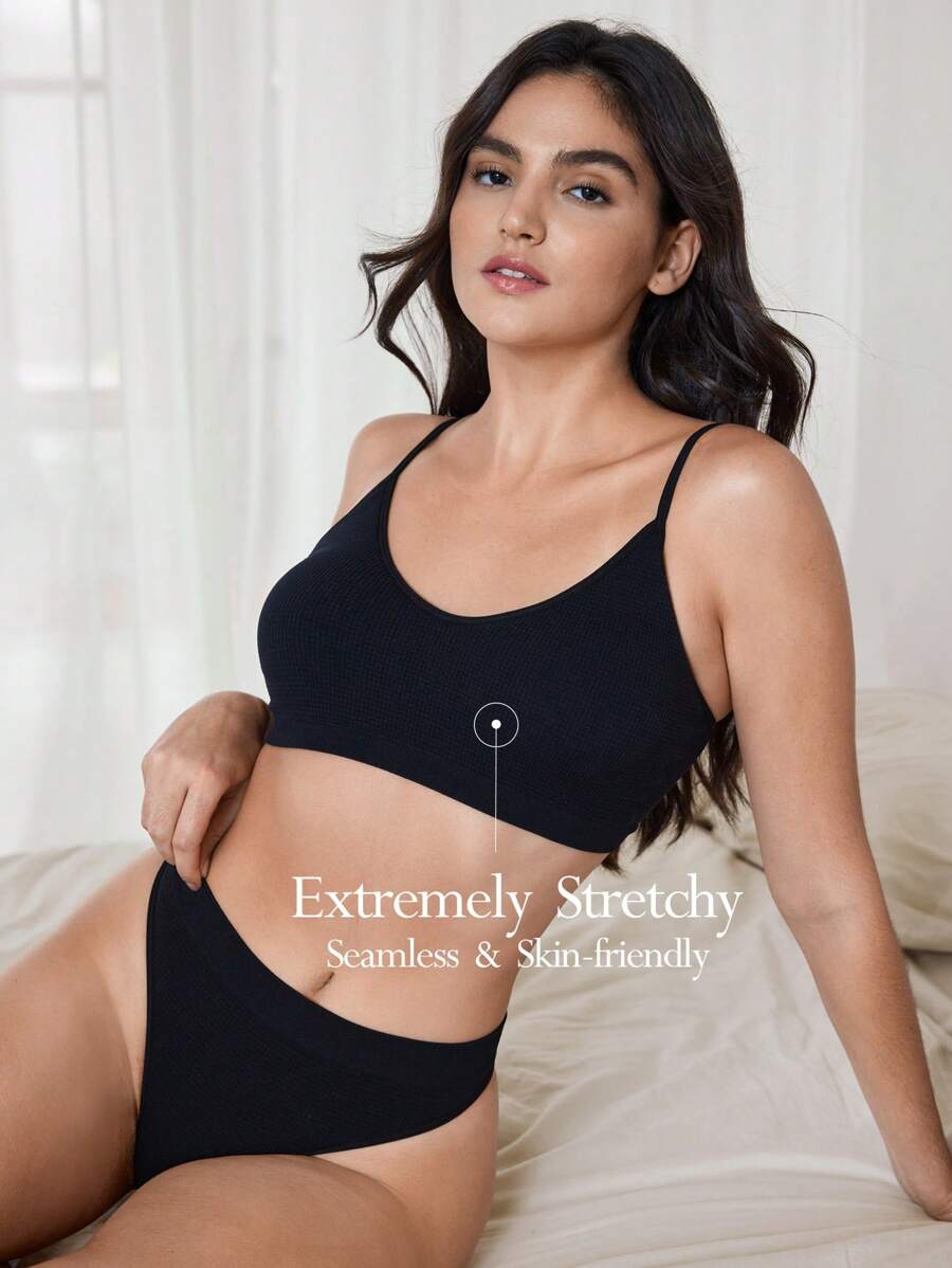Ocili Leisure Seamless Solid Color Textured Women Camisole Bra And Thong Lingerie Set - Black - View 1