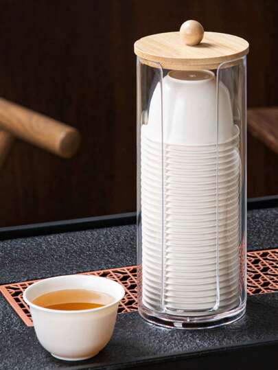 1 件装木盖透明茶杯收纳架、茶杯收纳架、透明亚克力罐、稻壳一次性茶杯茶杯收纳用具收纳管、茶具收纳、家庭用茶杯收纳架、酒店装饰和收纳架