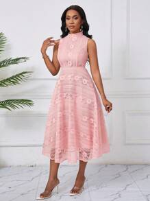 SHEIN Unity Đầm ren không tay cổ đứng dáng chữ A thanh lịch cho nữ - Hồng - Xem 6