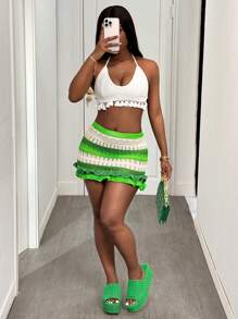 Slaydiva New Summer Leisure Beach Vacation Daily Dating Hip Skirt Green Dark Green Apricot Striped Ruffle Hem Crocheted Hip Skirt Mini Skirt Ultra-Short Skirt Women's Sweater Skirt - Green - View 7