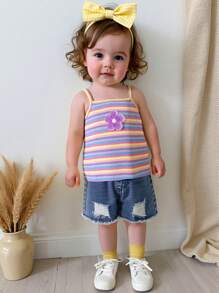 SHEIN 2pcs/Set Baby Girls Peter Pan Collar Rainbow Ribbed Tee + Elastic Waist Denim Ripped Shorts Set, Adorable Casual Outfit For Summer - Multicolor - View 1