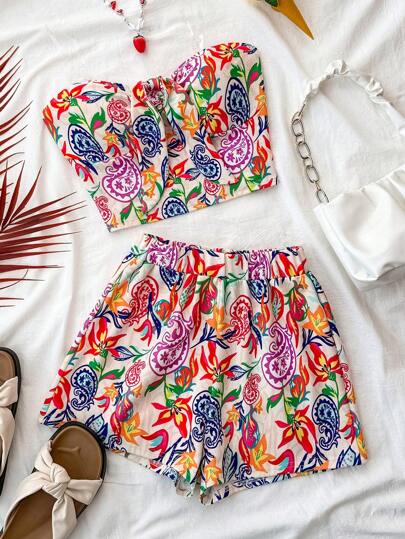 SHEIN Leap Crew Teen Girls 2pcs/Set Vacation Colorful Paisley Print Tube Top With Bowknot Front & Elastic Waist Shorts Set