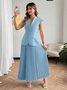 Flirla Plus Size Women's Popular Pleated 2 Pieces Set, Work/Casual Wear - Blue - View 1