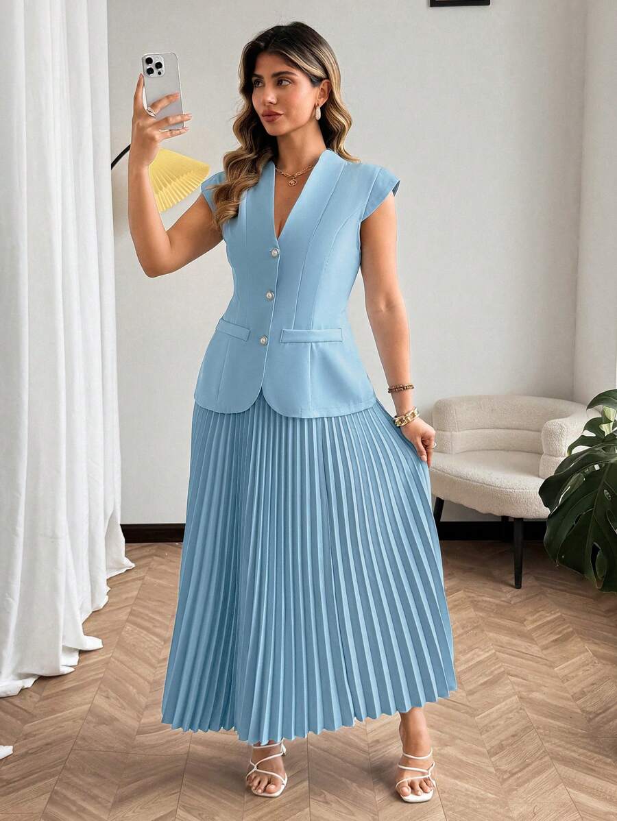 Flirla Plus Size Women's Popular Pleated 2 Pieces Set, Work/Casual Wear - Blue - View 1