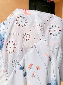 EMERY ROSE Short-Sleeved Romantic Hollow Neckline Embroidery Patchwork Floral Print Bohemian Style Plus Size Dress Suitable For Spring And Summer Music Festivals Gifts For Mother Vacay Vibes Springbreak Casual Wear SS Bohemia Tunic