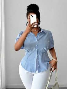 Maweii قميص كاجوال نسائي مقاسات كبيرة بأكمام منتفخة قصيرة بخطوط وأزرار أمامية