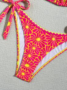 SHEIN 2pcs Vacation Floral Print Halter Tie Backless Ruffled Contrast Decor Women Swimwear Set For Summer - Multicolor - View 5