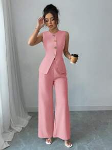 Selianne Women's Elegant French Style Vacation Casual-Formal Gold Flower Button Suit - Pink - View 3