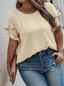 SHEIN Clasi Plus Size Women's Solid Color Ruffle Short Sleeve Casual Loose Blouse - Apricot - View 5