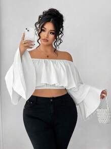 Elenzga Plus Size Off Shoulder Ruffle Trim Square Neck Long Sleeve Blouse, Elegant White Top Fall - White - View 3