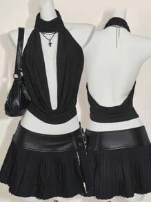 SHEIN ICON 2pcs/Set Neckline Open Back Tank Top & Low Waist Mini Skirt Set - Black - View 3