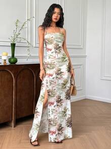 EastFlair Apricot Tree Print Boho Maxi Dress For Women, Sleeveless Knitted Fabric, Spaghetti Strap, Thigh High Split, Elegant Summer Style - Apricot - View 3