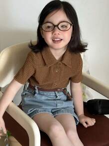 Dazy Kids 少女领针织短袖 T 恤，夏季 - 棕色 - 查看 8