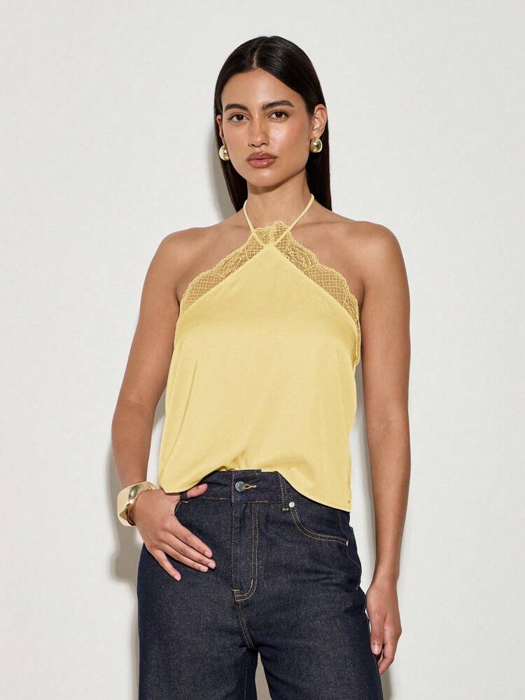 Elegant Satin Cami Top Lace Trim Adjustable Straps