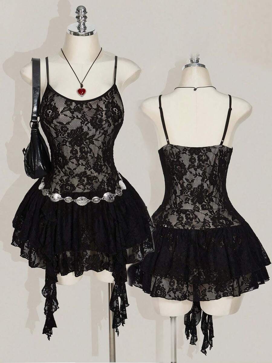 SHEIN ICON Plus Size Round Neck Lace Strap Dress, Double Layer Ruffle Hem Strap Dress, For Music Festival - Black - View 1