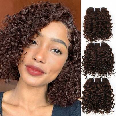 Jerry Curly Hair Weave 3-Piece Hair Weave Brazil Remy Human Hair Extensions Dark Brown Color Short Curly
