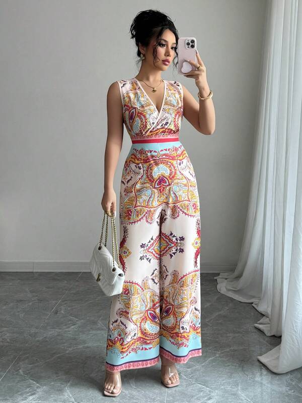 Elenzga Paisley Print Cross Neck Jumpsuit For Women, Holiday Wear