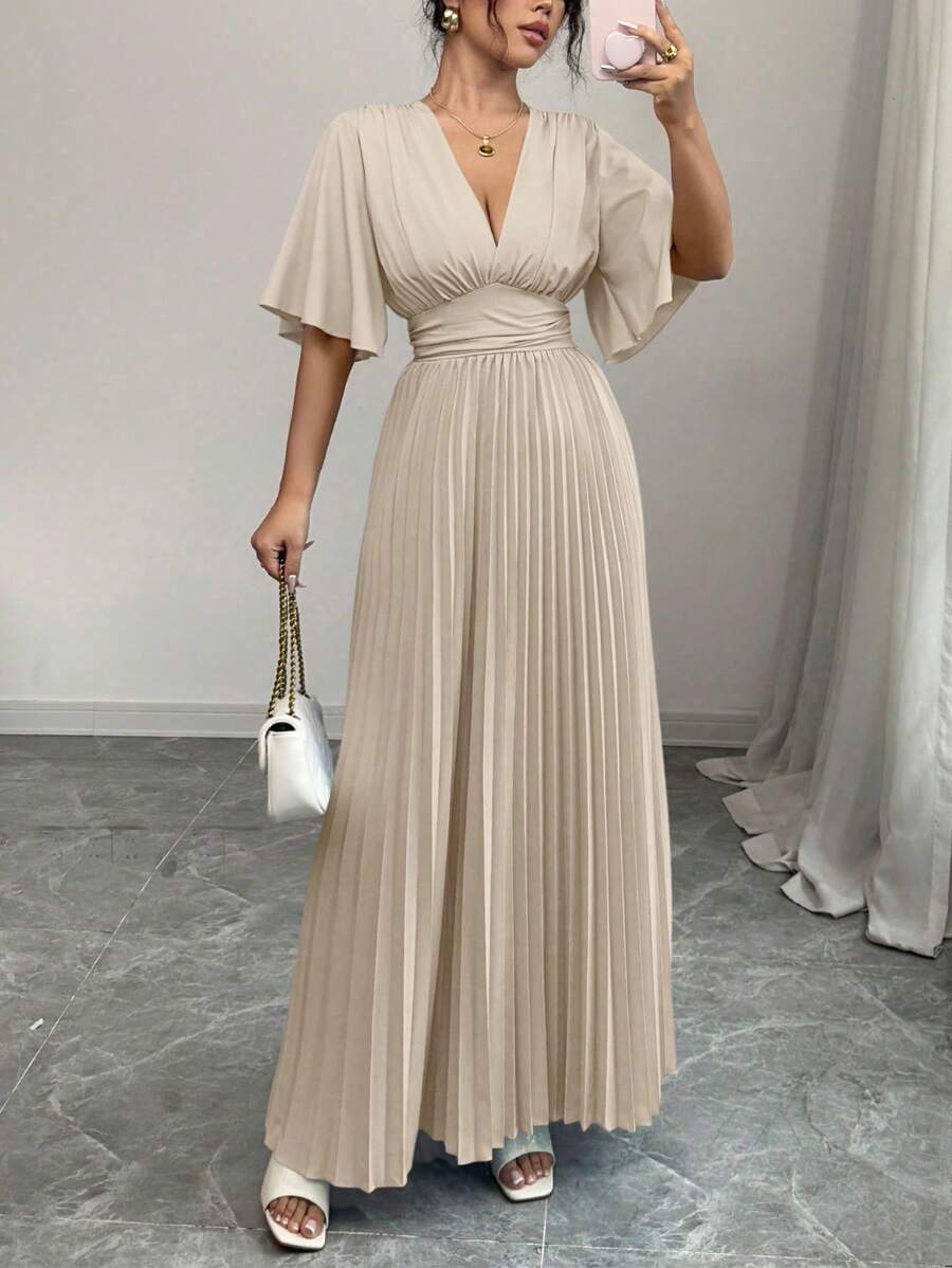 Rafferiza Elegant V-Neck Pleated Front Short Sleeve Long Dress, Spring/Summer - Apricot - View 1