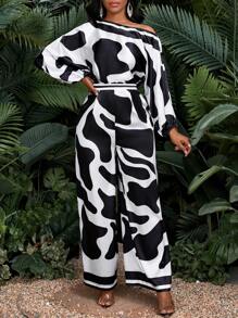 SHEIN Lady Conjunto de blusas y pantalones casuales elegantes para vacaciones de verano para mujer, prendas de playa y monos estampados en blanco y negro - Blanco y Negro - Ver 3