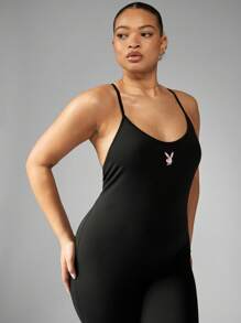 MISSGUIDED PLUS x Playboy Plus Size Athletic Unitard Spaghetti Strap Bodysuit Workout Jumpsuit Compression Exercise Fitness Pilates Running Yoga Activewear - Black - View 4