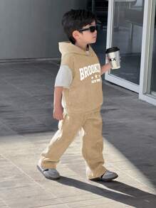 SHEIN 2pcs Young Boys Casual Street Style Hooded Short Sleeve Sweatshirt And Solid Color Elastic Waist Sweatpants Set, Suitable For Back To School, Birthday, Baby Shower, Holiday Party, All Seasons