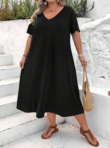 SHEIN CURVE+ Plus Size V-Neck Side Slit Short Sleeve Maxi Knit Dress, Stretchy & Comfy