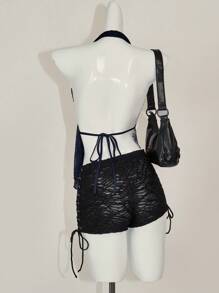 SHEIN ICON 女士 Y2k 性感 90 年代服装节 Coquette 勃艮第红色嬉皮蕾丝露背挂脖休闲上衣，日常穿着