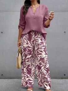 EMERY ROSE 1set Women Plus Size Random Print Turnup Sleeve Solid Shirt And Tropical Plant Print Pants, 2 Pieces Outfit Fall - Purple - View 3