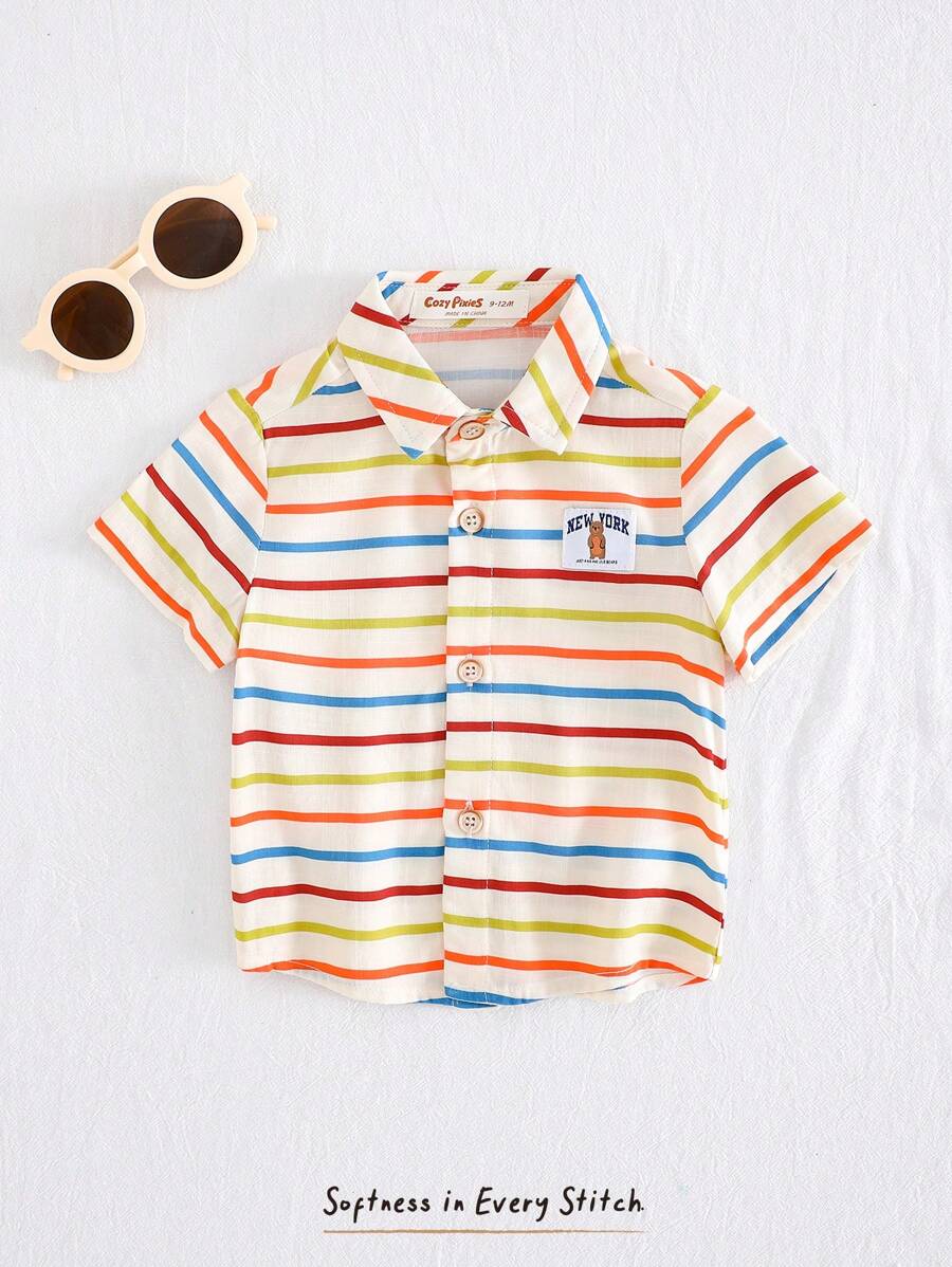Cozy Pixies Baby Boy Colorful Striped Lapel Short Sleeve Cardigan, Casual & Versatile - Multicolor - View 1