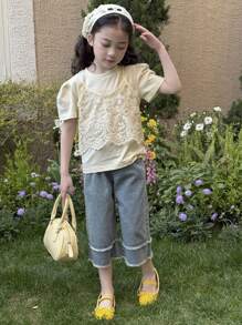 DAZY Bộ 3 món: Áo thun cổ tròn tay ngắn cho bé gái, váy có dây đeo và quần denim, mùa hè - Rửa trung bình - Xem 5