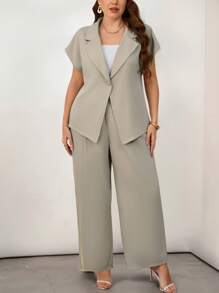 Firerie Große Größen Frühling/Sommer bequemer, legerer, eleganter Büro-/Pendler-Modernejacke mit Metallknöpfen mit Kurzarm und gerades Bein Anzug Hosen Set